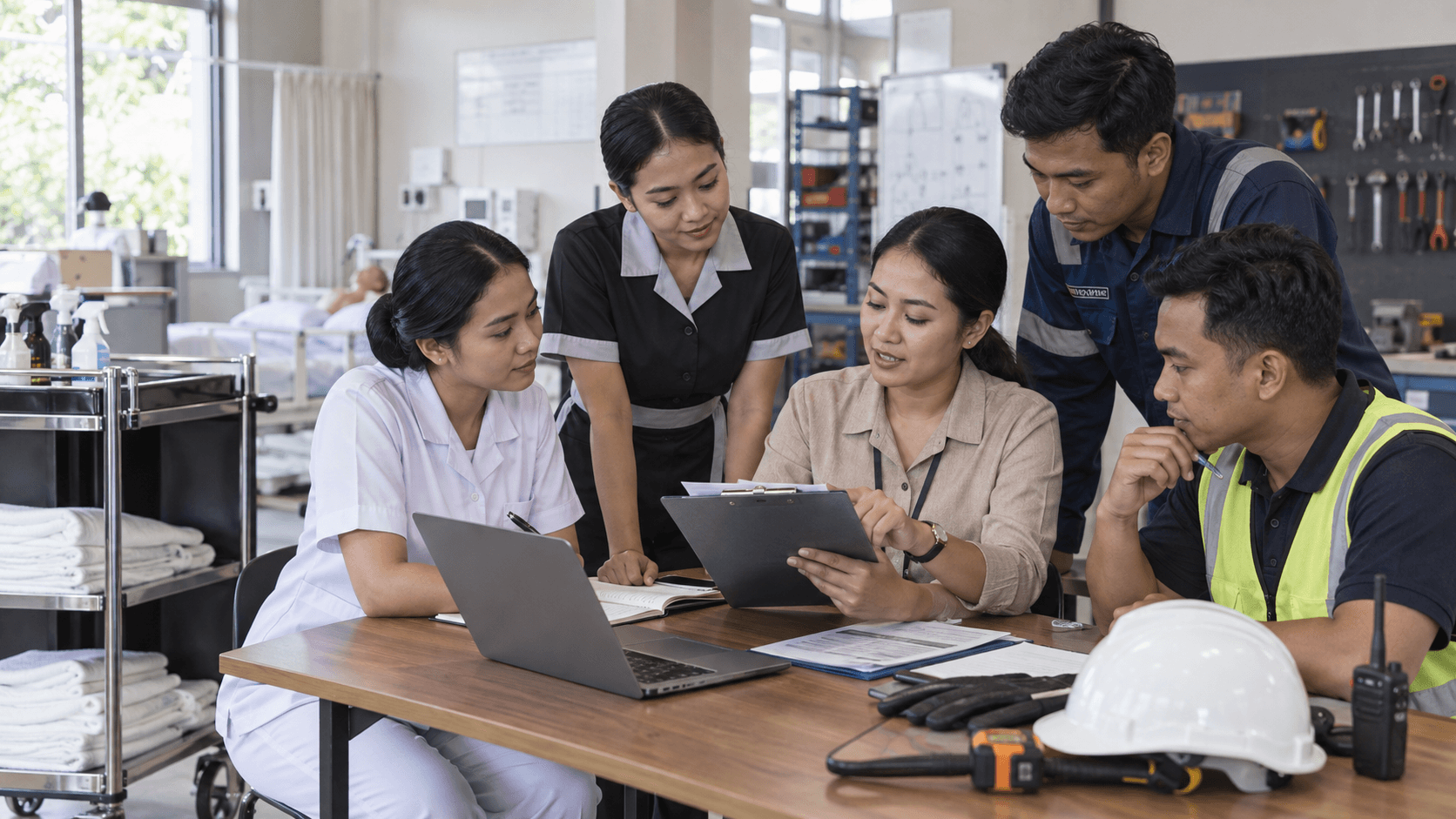 Indonesian healthcare, hospitality, technical, and logistics professionals reviewing a readiness plan