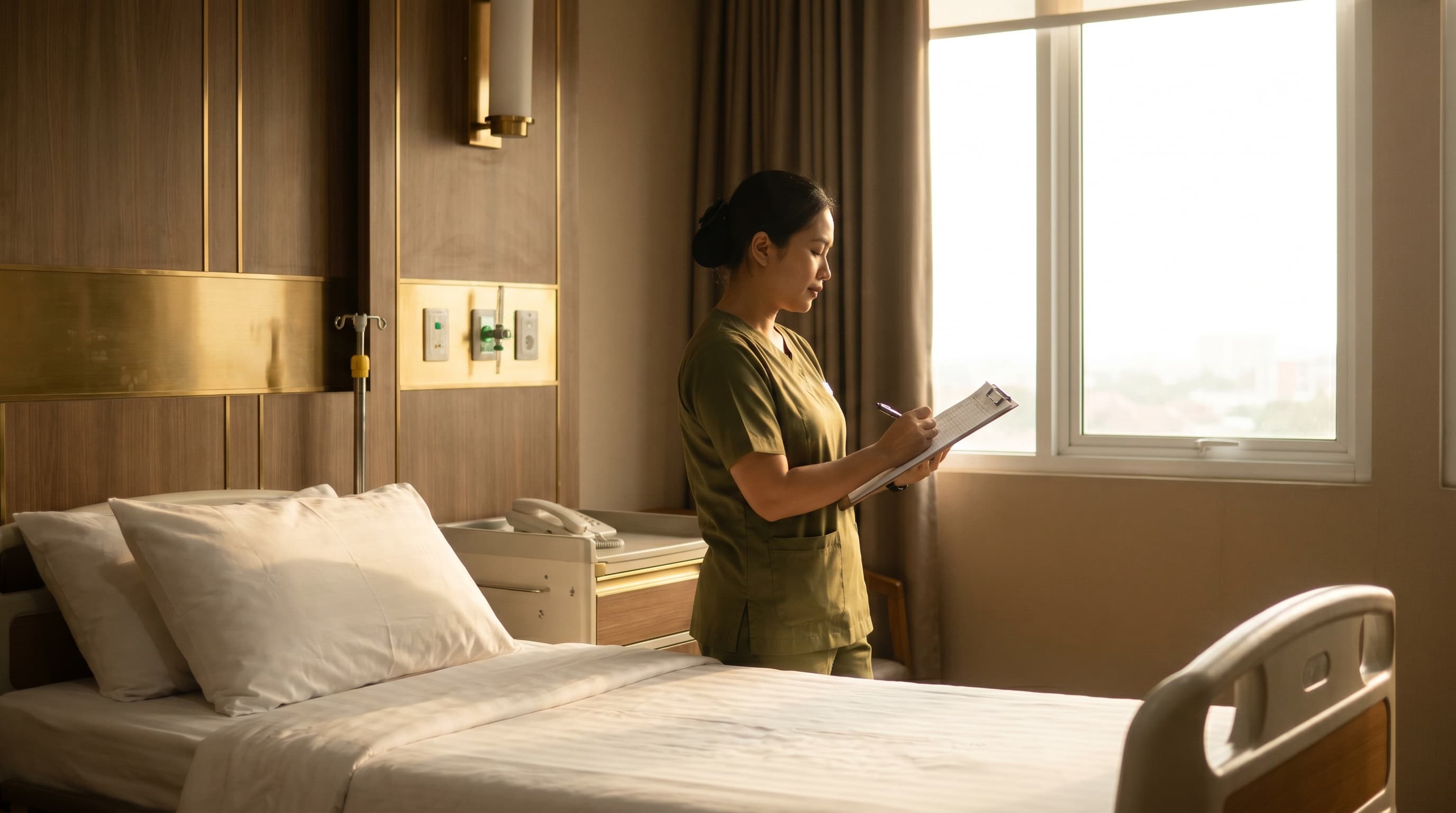Indonesian nurse reviewing a patient chart in a modern hospital ward