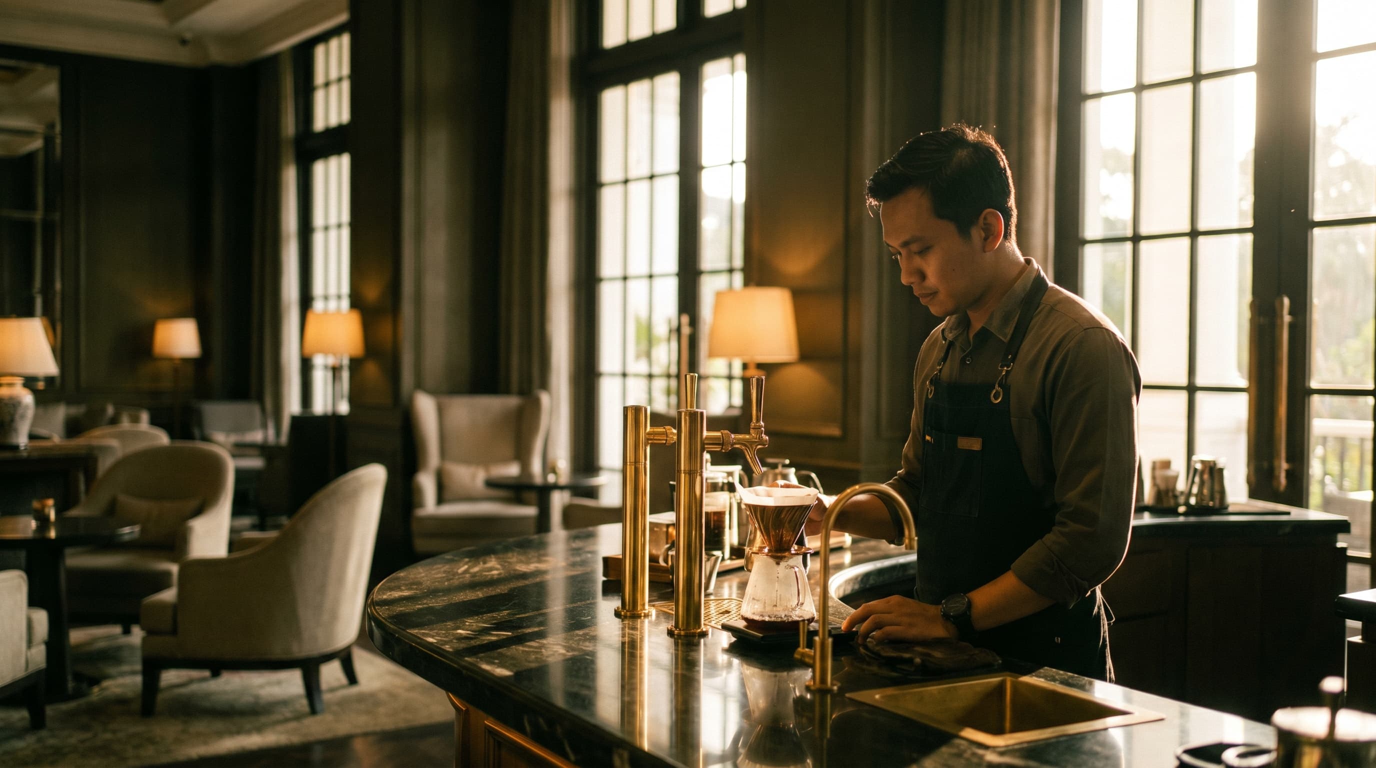 Indonesian barista preparing pour-over coffee in an upscale hotel cafe