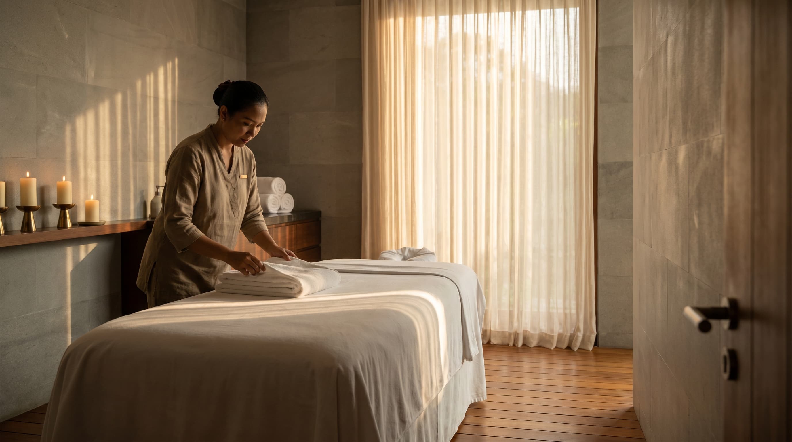 Indonesian wellness therapist preparing a serene spa treatment room